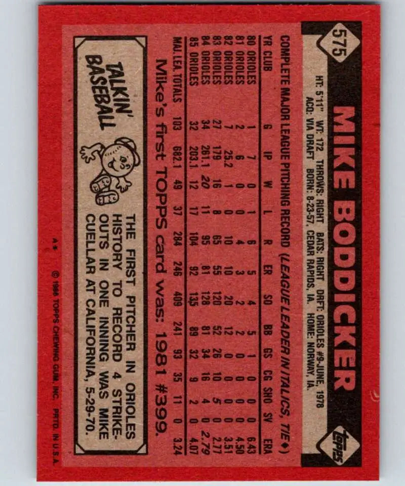 1986 Topps #575 Mike Boddicker EX Excellent Baltimore Orioles Baseball Card - Baseball Card Single