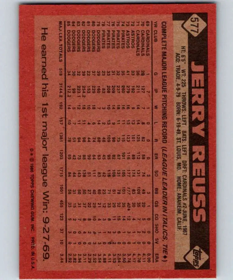 1986 Topps #577 Jerry Reuss EX Excellent Los Angeles Dodgers Baseball Card - Baseball Card Single