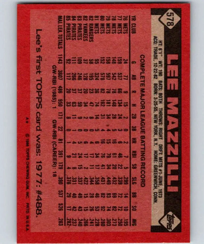 1986 Topps #578 Lee Mazzilli EX Excellent Pittsburgh Pirates Baseball Card - Baseball Card Single