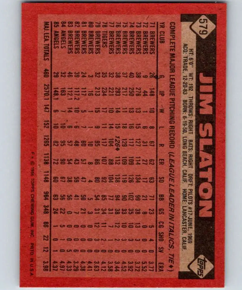 1986 Topps #579 Jim Slaton EX Excellent California Angels Baseball Card - Baseball Card Single