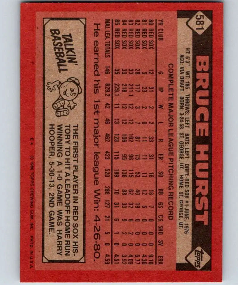 1986 Topps #581 Bruce Hurst EX Excellent Boston Red Sox Baseball Card - Baseball Card Single