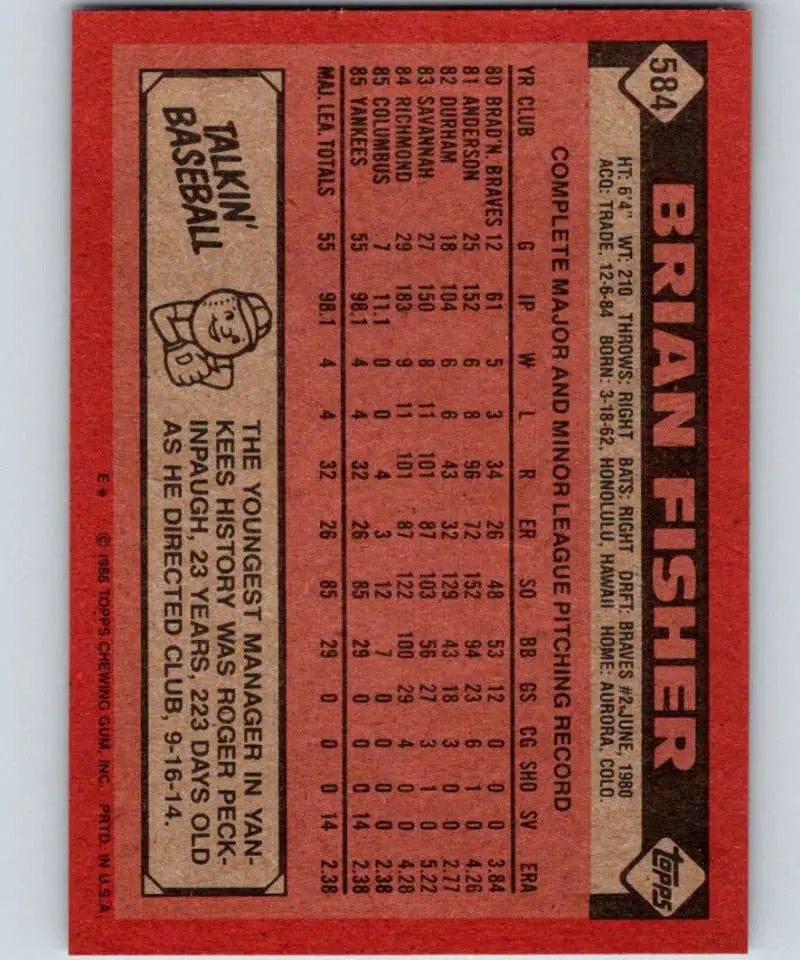 1986 Topps #584 Brian Fisher EX Excellent RC Rookie New York Yankees Baseball Card - Baseball Card Single