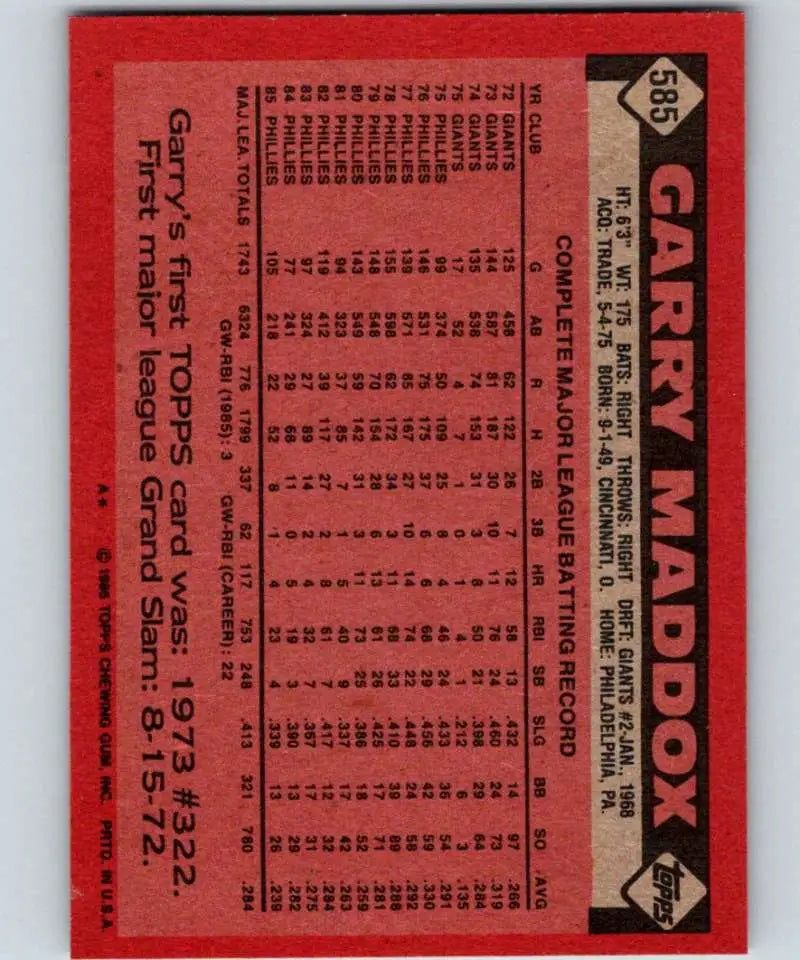 1986 Topps #585 Garry Maddox EX Excellent Philadelphia Phillies Baseball Card - Baseball Card Single