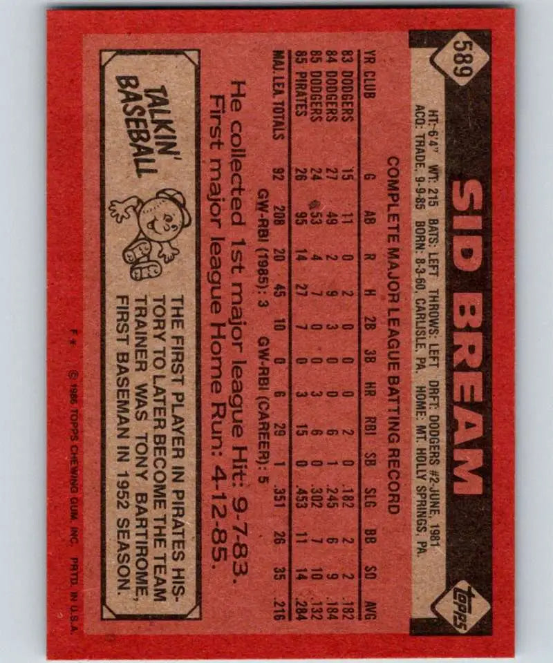 1986 Topps #589 Sid Bream EX Excellent Pittsburgh Pirates Baseball Card - Baseball Card Single