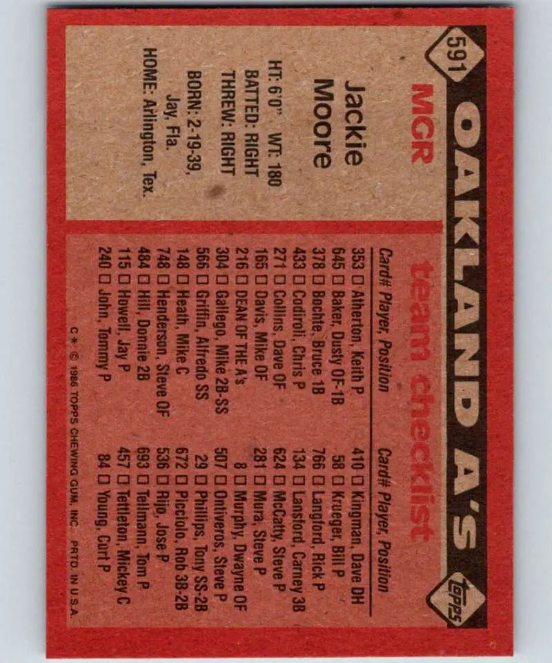 1986 Topps #591 Jackie Moore EX Excellent Oakland Athletics Baseball Card - Baseball Card Single