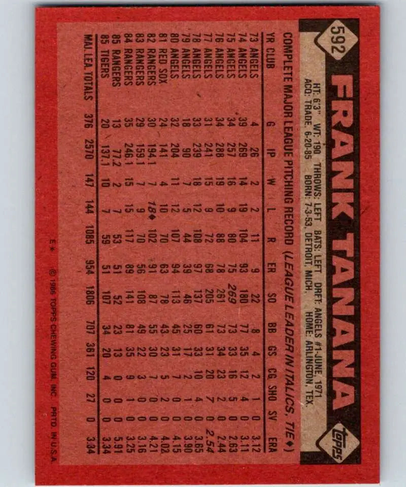 1986 Topps #592 Frank Tanana EX Excellent Detroit Tigers Baseball Card - Baseball Card Single