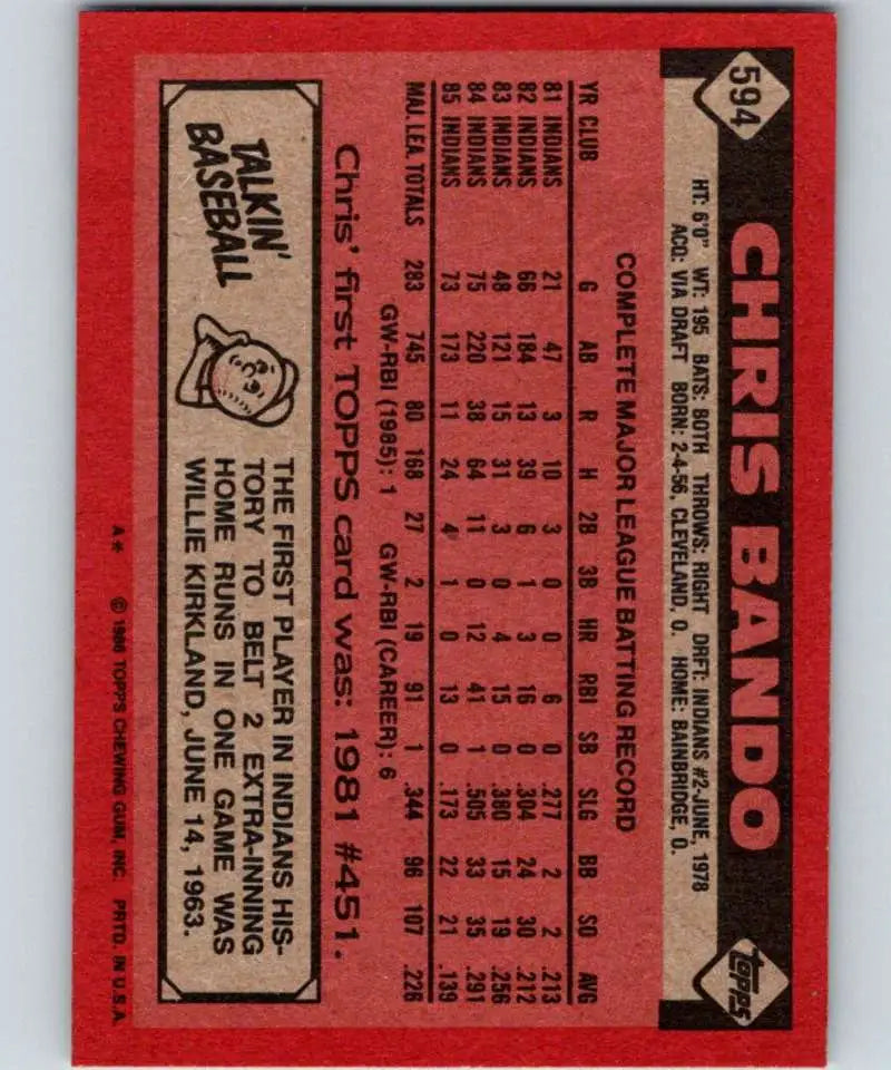 1986 Topps #594 Chris Bando EX Excellent Cleveland Indians Baseball Card
