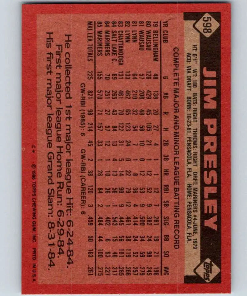 1986 Topps #598 Jim Presley EX Excellent Seattle Mariners Baseball Card - Baseball Card Single