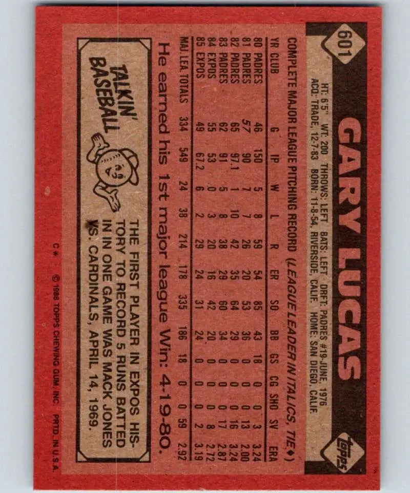 1986 Topps #601 Gary Lucas EX Excellent Montreal Expos Baseball Card - Baseball Card Single