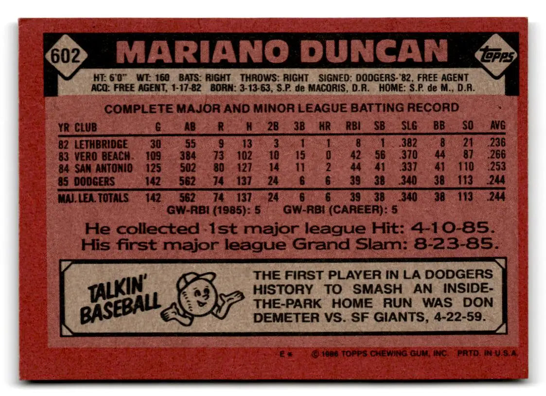1986 Topps #602 Mariano Duncan - Baseball Card Single