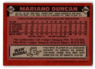 1986 Topps #602 Mariano Duncan - Baseball Card Single