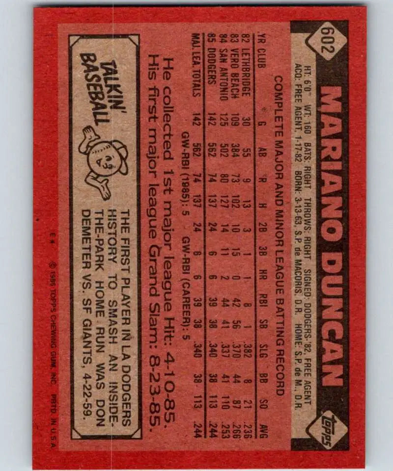 1986 Topps #602 Mariano Duncan EX Excellent RC Rookie Los Angeles Dodgers Baseball Card - Baseball Card Single