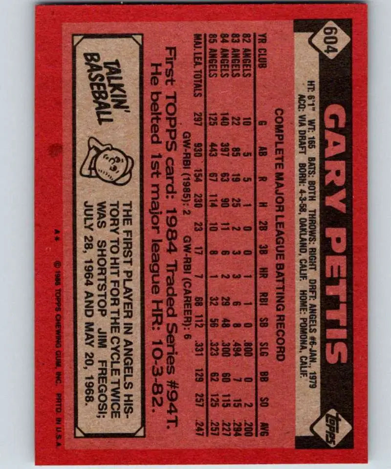 1986 Topps #604 Gary Pettis EX Excellent California Angels Baseball Card - Baseball Card Single