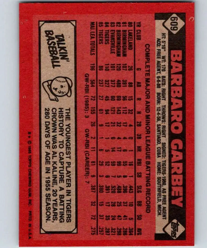 1986 Topps #609 Barbaro Garbey EX Excellent Detroit Tigers Baseball Card - Baseball Card Single