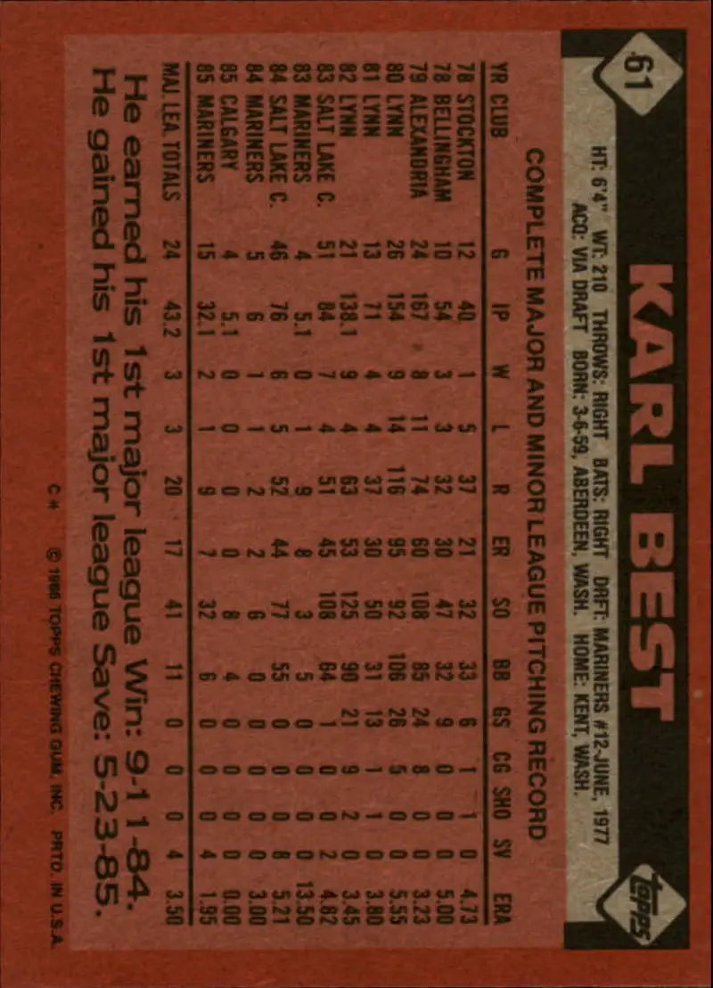 1986 Topps #61 Karl Best EX Excellent RC Rookie Seattle Mariners Baseball Card - Baseball Card Single
