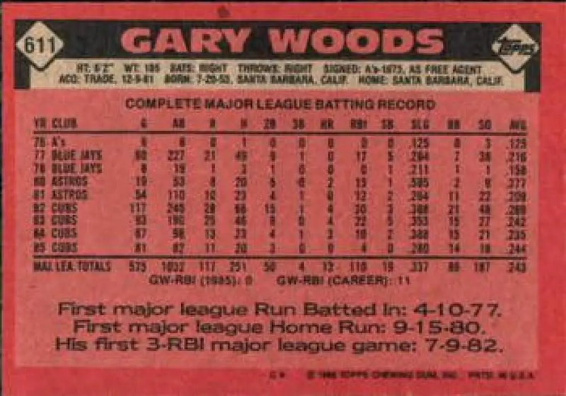 1986 Topps #611 Gary Woods EX Excellent Chicago Cubs Baseball Card - Baseball Card Single