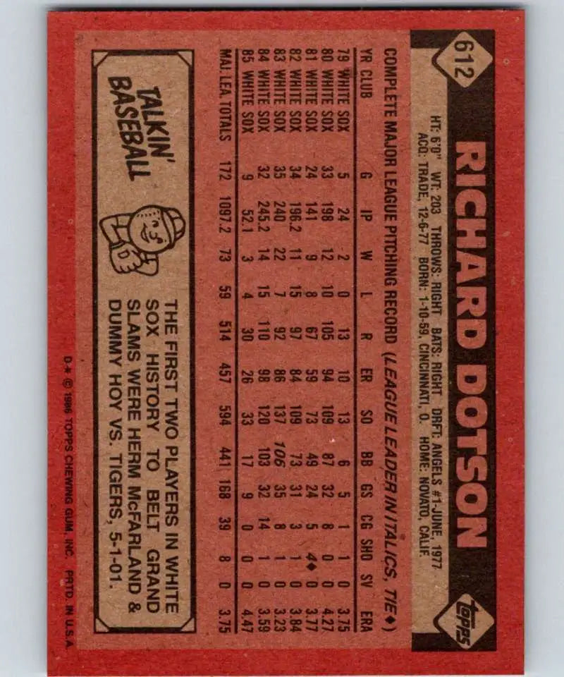 1986 Topps #612 Richard Dotson EX Excellent Chicago White Sox Baseball Card - Baseball Card Single