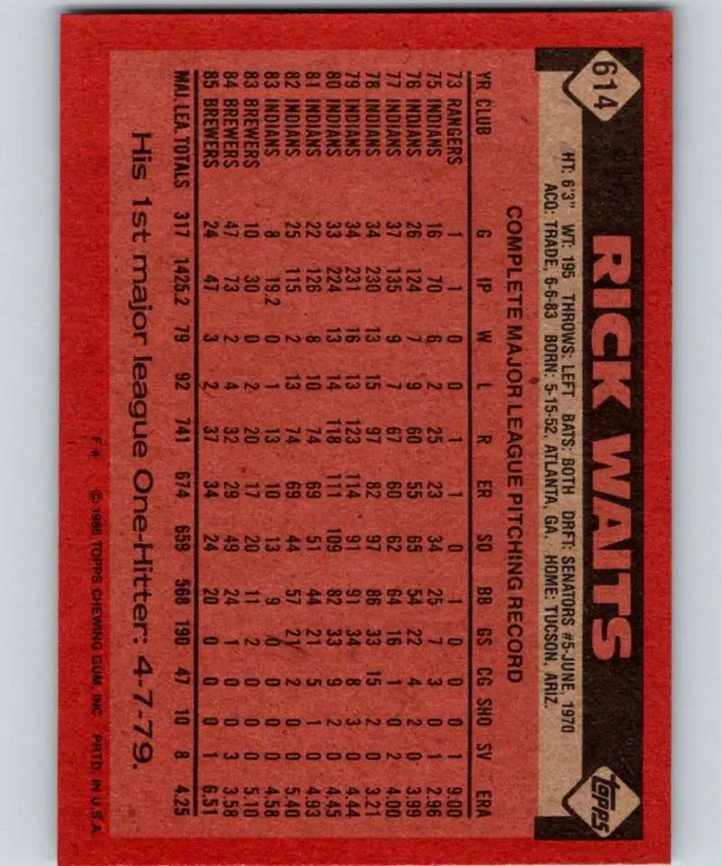 1986 Topps #614 Rick Waits EX Excellent Milwaukee Brewers Baseball Card - Baseball Card Single