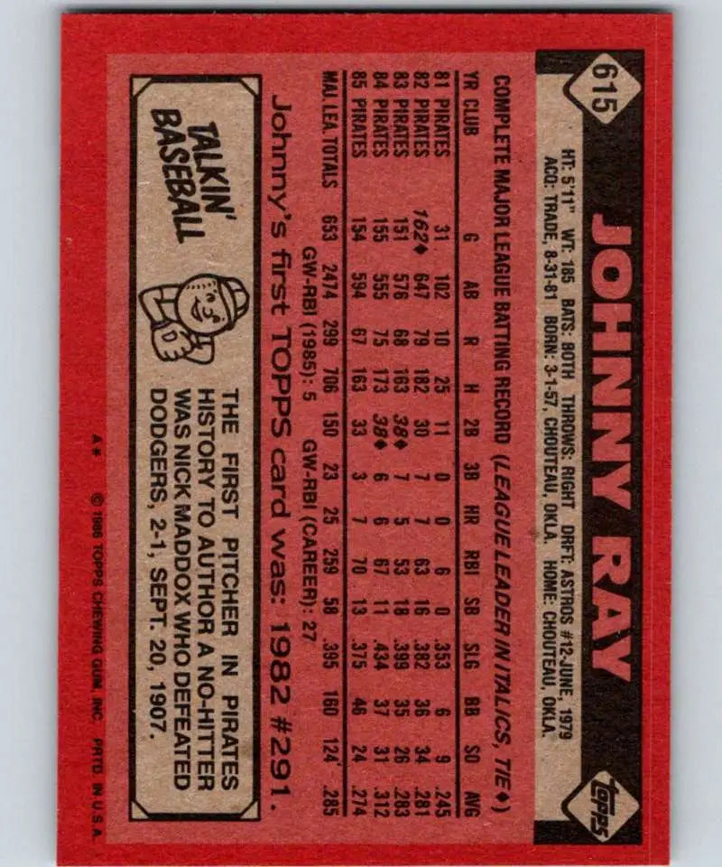 1986 Topps #615 Johnny Ray EX Excellent Pittsburgh Pirates Baseball Card - Baseball Card Single