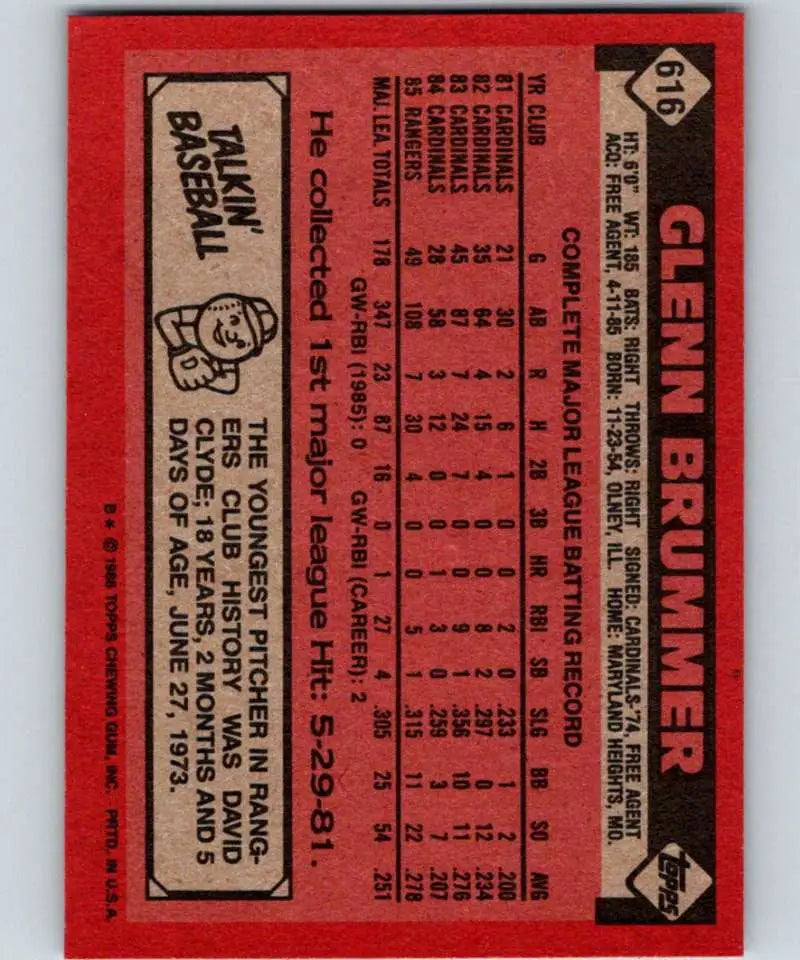 1986 Topps #616 Glenn Brummer EX Excellent Texas Rangers Baseball Card - Baseball Card Single