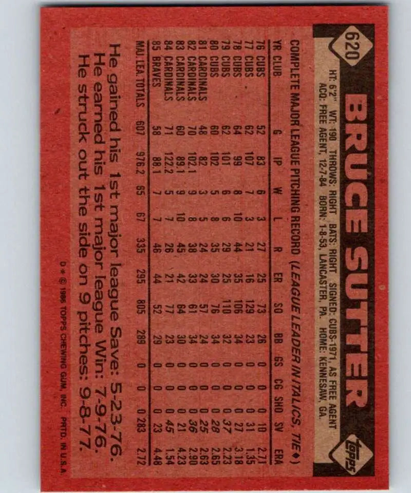 1986 Topps #620 Bruce Sutter EX Excellent Atlanta Braves Baseball Card - Baseball Card Single