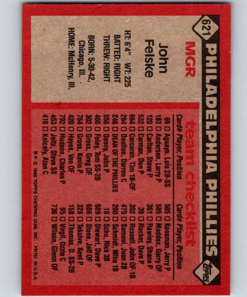 1986 Topps #621 John Felske EX Excellent Philadelphia Phillies Baseball Card - Baseball Card Single