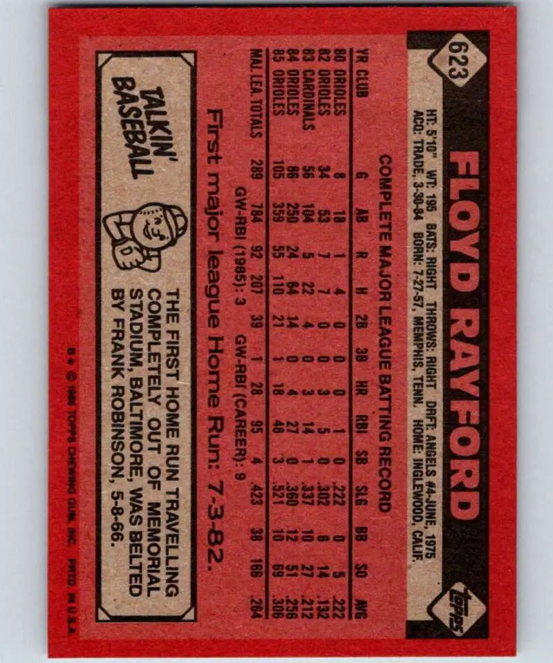 1986 Topps #623 Floyd Rayford EX Excellent Baltimore Orioles Baseball Card - Baseball Card Single