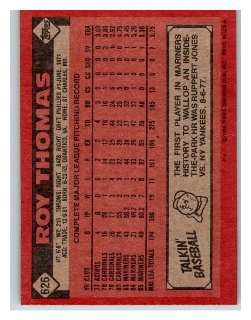 1986 Topps #626 Roy Thomas EX Excellent Seattle Mariners Baseball Card - Baseball Card Single