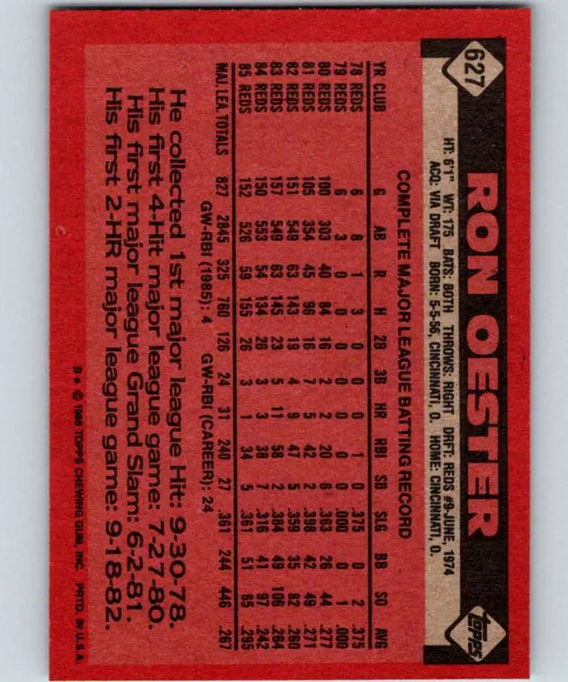1986 Topps #627 Ron Oester EX Excellent Cincinnati Reds Baseball Card - Baseball Card Single