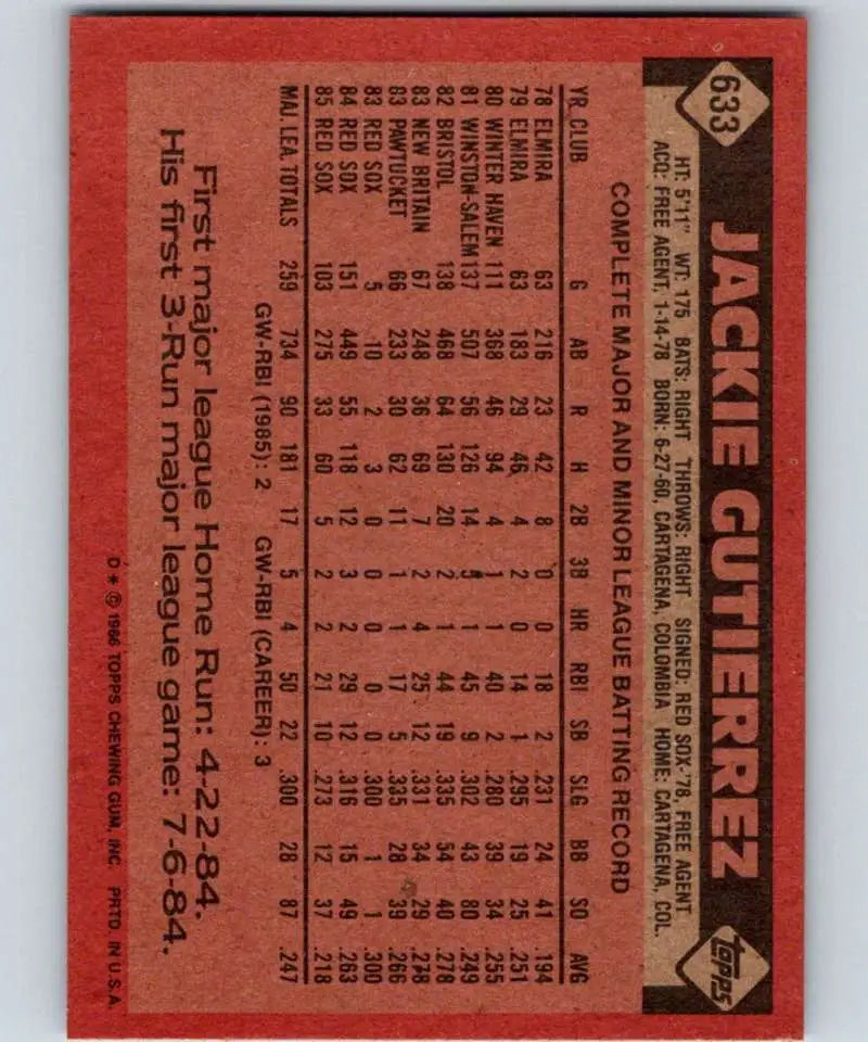 1986 Topps #633 Jackie Gutierrez EX Excellent Boston Red Sox Baseball Card - Baseball Card Single