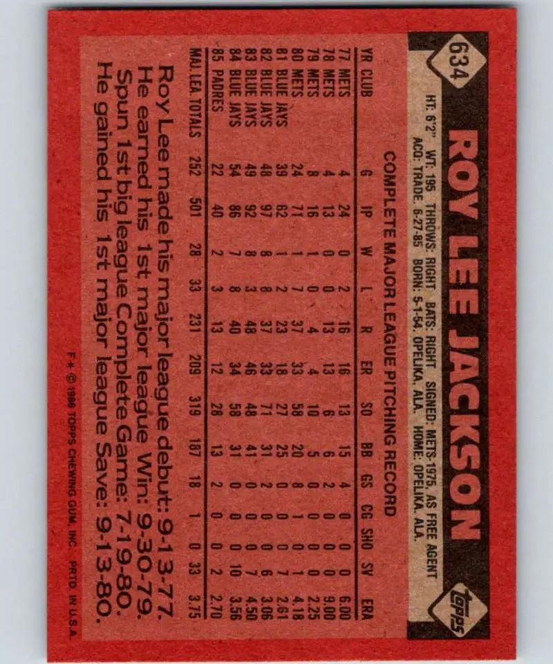1986 Topps #634 Roy Lee Jackson EX Excellent San Diego Padres Baseball Card - Baseball Card Single
