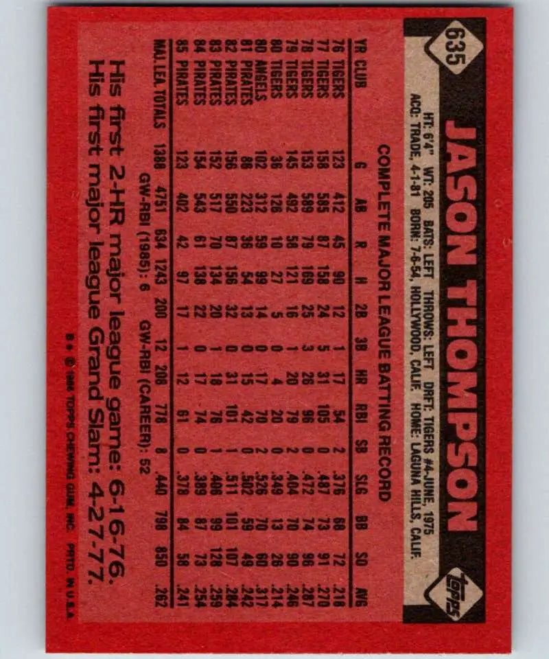 1986 Topps #635 Jason Thompson EX Excellent Pittsburgh Pirates Baseball Card - Baseball Card Single