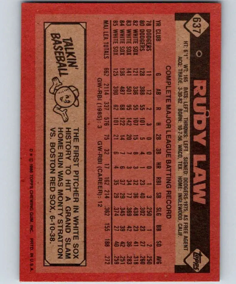 1986 Topps #637 Rudy Law EX Excellent Chicago White Sox Baseball Card