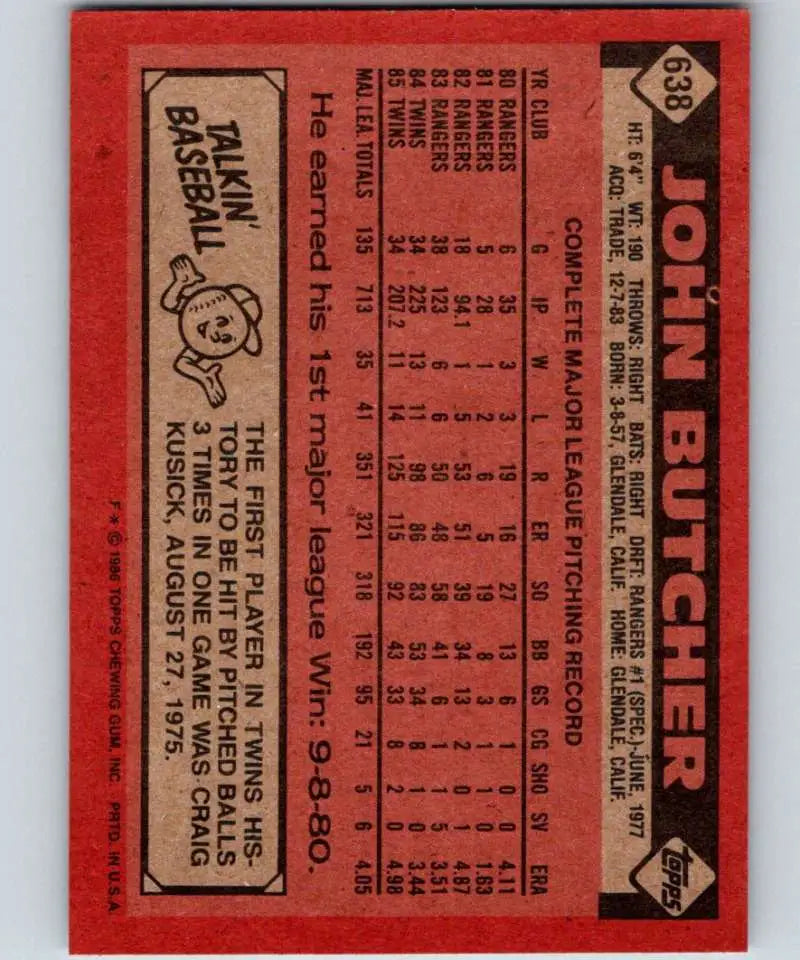 1986 Topps #638 John Butcher EX Excellent Minnesota Twins Baseball Card - Baseball Card Single