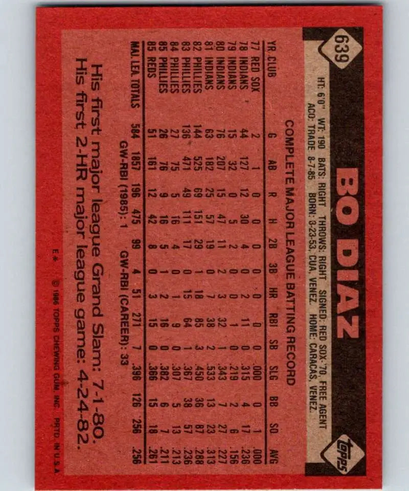 1986 Topps #639 Bo Diaz EX Excellent Cincinnati Reds Baseball Card - Baseball Card Single