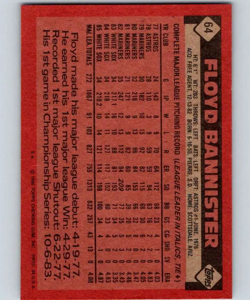 1986 Topps #64 Floyd Bannister EX Excellent Chicago White Sox Baseball Card - Baseball Card Single