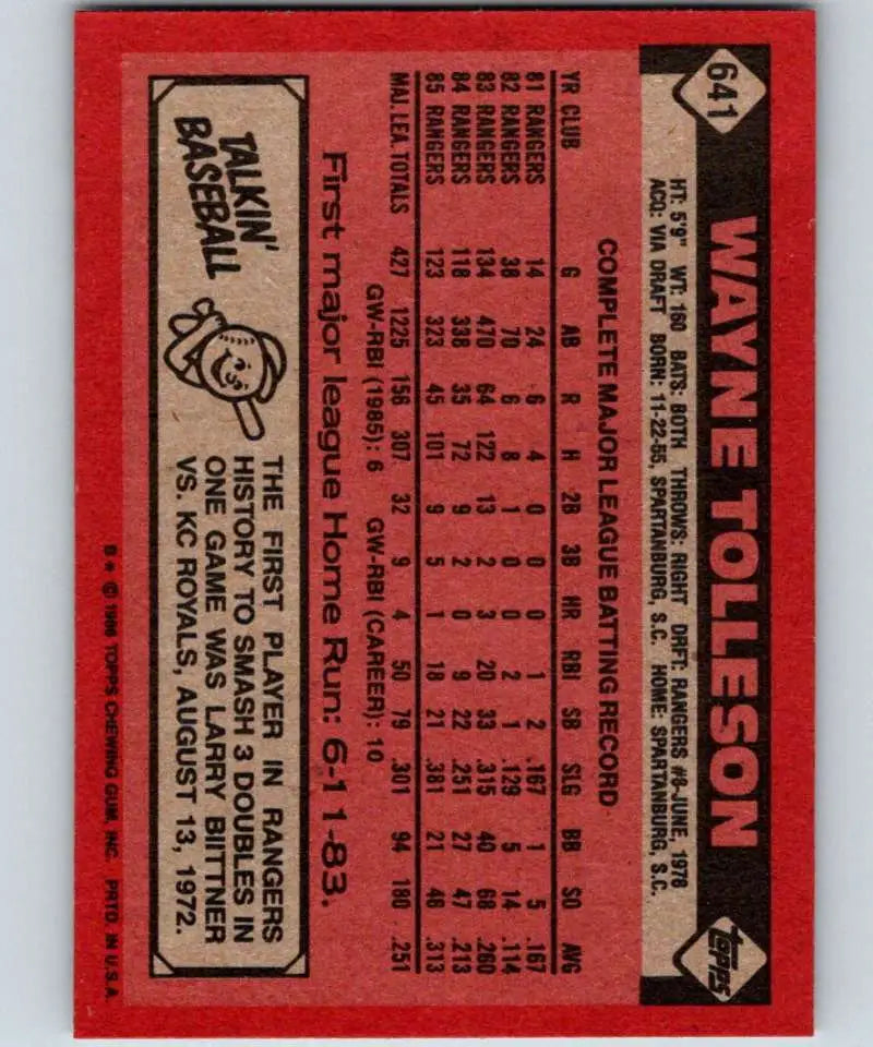 1986 Topps #641 Wayne Tolleson EX Excellent Texas Rangers Baseball Card - Baseball Card Single