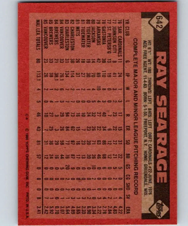 1986 Topps #642 Ray Searage EX Excellent Milwaukee Brewers Baseball Card - Baseball Card Single