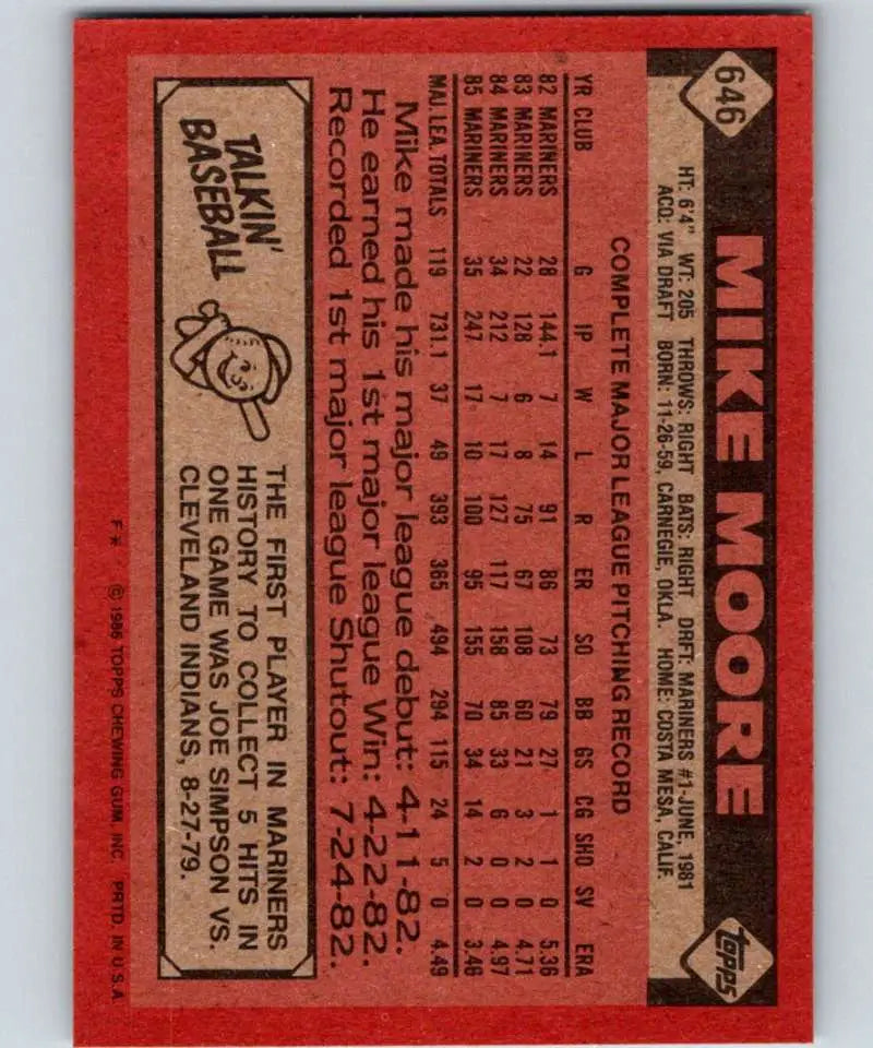 1986 Topps #646 Mike Moore EX Excellent Seattle Mariners Baseball Card - Baseball Card Single