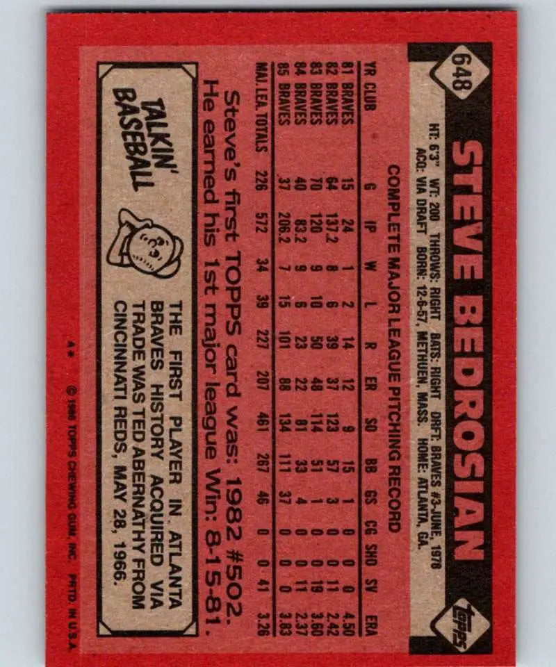 1986 Topps #648 Steve Bedrosian EX Excellent Atlanta Braves Baseball Card - Baseball Card Single