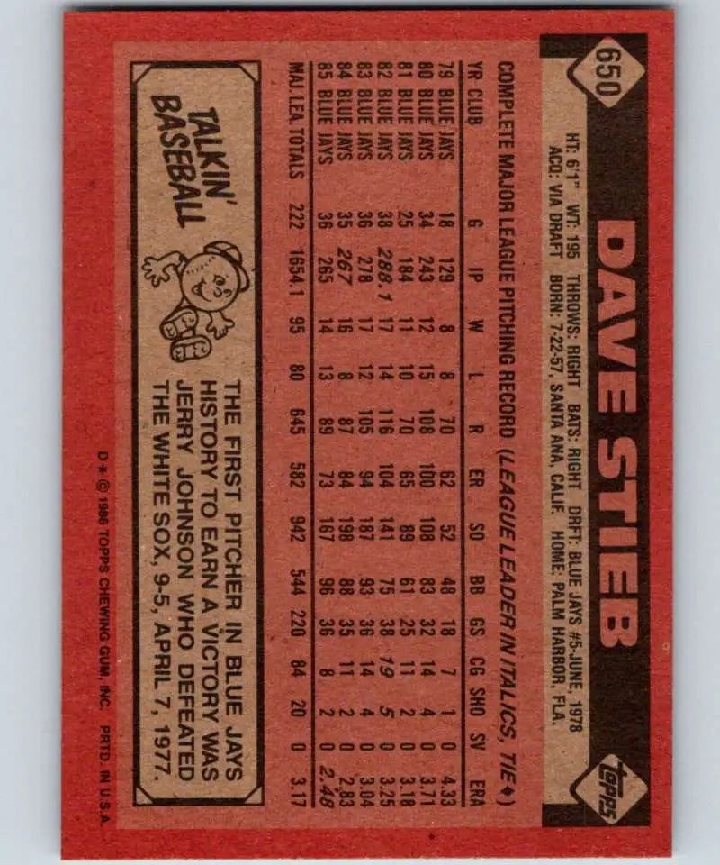 1986 Topps #650 Dave Stieb EX Excellent Toronto Blue Jays Baseball Card - Baseball Card Single