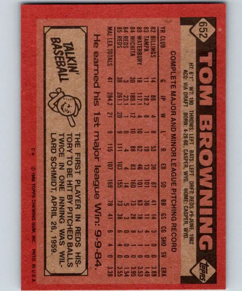1986 Topps #652 Tom Browning EX Excellent Cincinnati Reds Baseball Card - Baseball Card Single