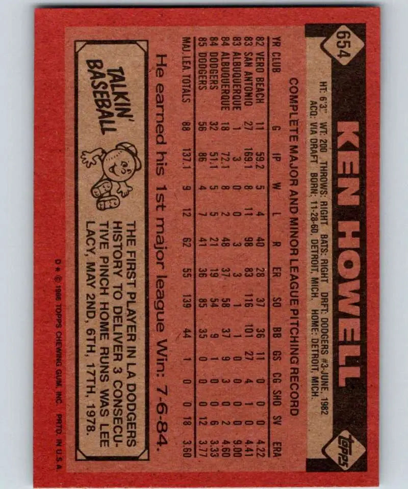 1986 Topps #654 Ken Howell EX Excellent Los Angeles Dodgers Baseball Card - Baseball Card Single