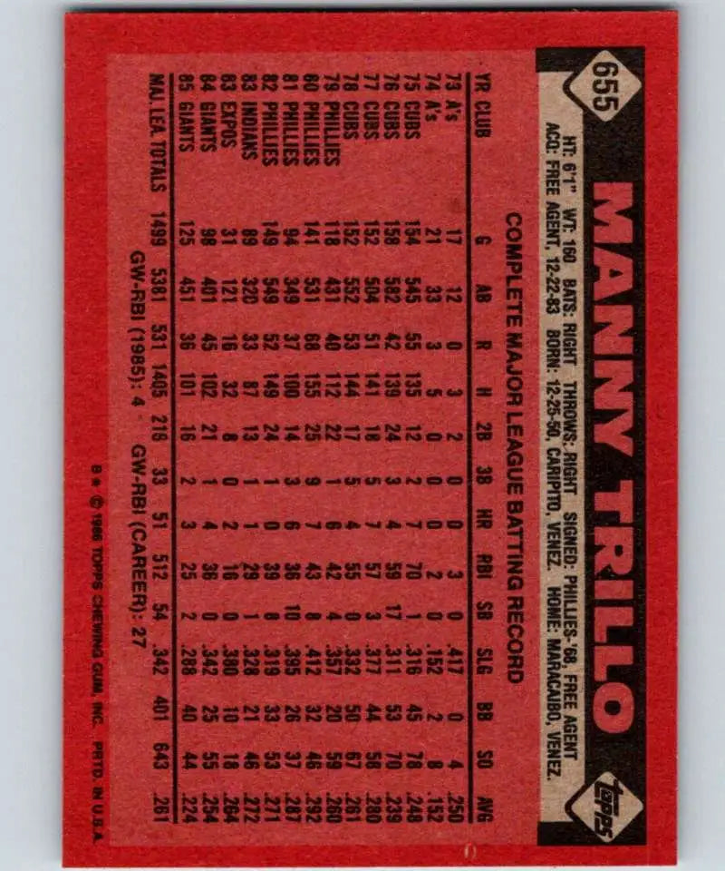 1986 Topps #655 Manny Trillo EX Excellent San Francisco Giants Baseball Card - Baseball Card Single