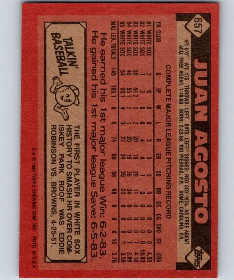 1986 Topps #657 Juan Agosto EX Excellent Chicago White Sox Baseball Card - Baseball Card Single