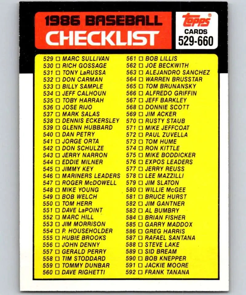 1986 Topps #659 Checklist 529-660 EX Excellent Baseball Card - Baseball Card Single