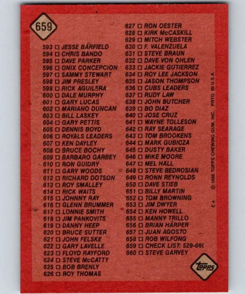 1986 Topps #659 Checklist 529-660 EX Excellent Baseball Card - Baseball Card Single