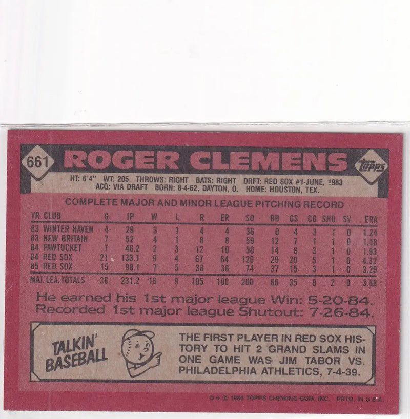 1986 TOPPS #661 ROGER CLEMENS- BOSTON RED SOX