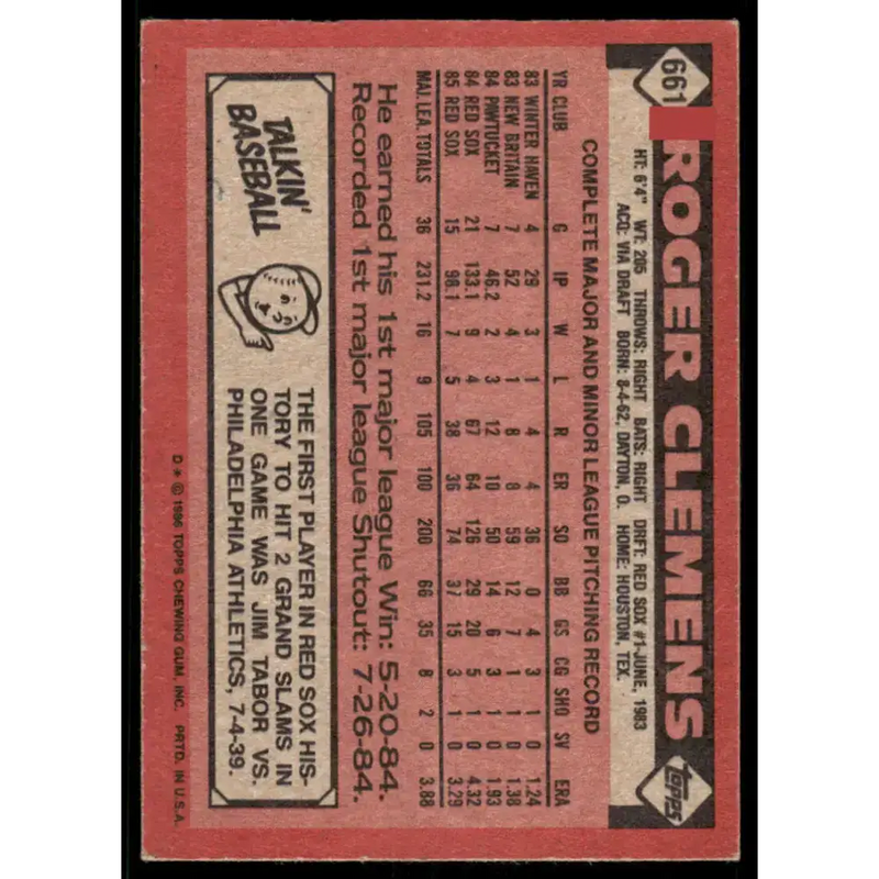 1986 Topps #661 Roger Clemens EX/NM Boston Red Sox Baseball Card - Baseball Card Single