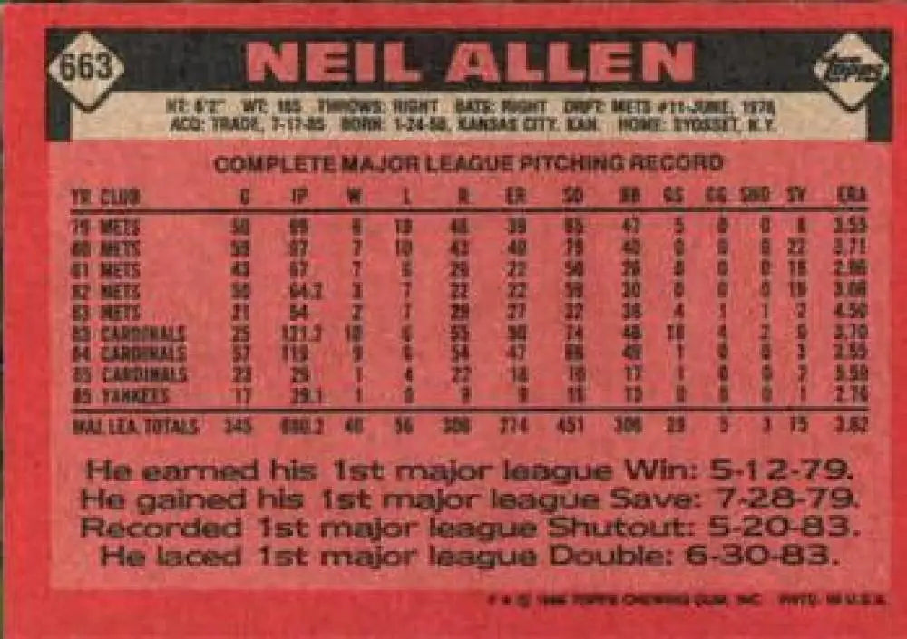 1986 Topps #663 Neil Allen EX Excellent New York Yankees Baseball Card - Baseball Card Single